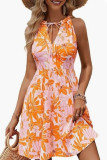 V-Neck Printed Waist Cinched Sleeveless Dress