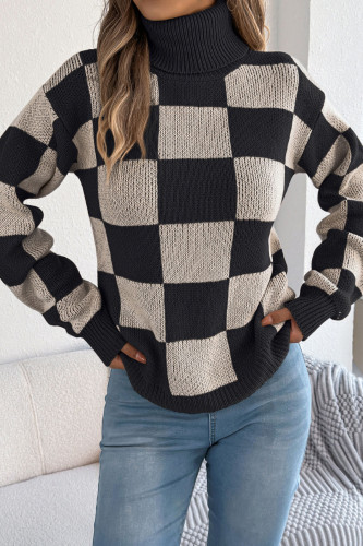 High Necked Checkered Lantern Long Sleeved Sweater