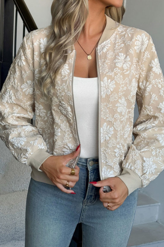 Long Sleeved Jacquard Zipper Loose Jacket