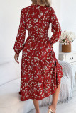 V-Neck Long Sleeved Waist Cinched Ruffle Dress