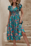 V-Neck Ruffled Short Sleeved Waist Cinching Dress