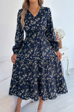 V-Neck Long Sleeved Waist Cinched Ruffle Dress