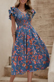 V-Neck Ruffled Short Sleeved Waist Cinching Dress