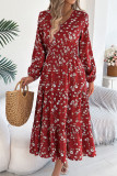 V-Neck Long Sleeved Waist Cinched Ruffle Dress