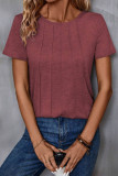 Round Neck Pleated Short Sleeved Solid Color T-Shirt
