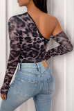 Retro Leopard Print Single Shoulder Jumpsuit