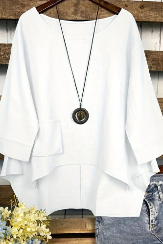 Round Neck Pocket Solid Color Irregular T-Shirt