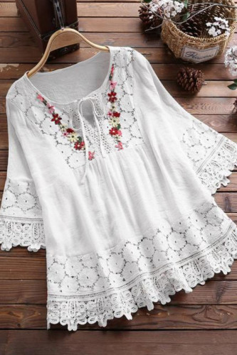 Lace V-Neck Loose Hollow Linen Shirt