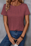 Round Neck Pleated Short Sleeved Solid Color T-Shirt