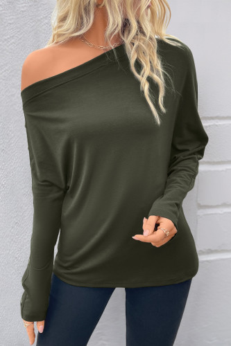 Slanted Collar Off Shoulder Long Sleeved T-Shirt