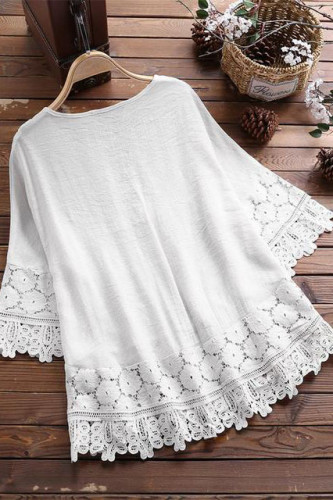 Lace V-Neck Loose Hollow Linen Shirt