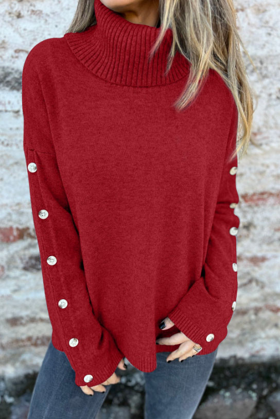 High Neck Button Knit Long Sleeved Sweater