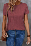 Round Neck Pleated Short Sleeved Solid Color T-Shirt