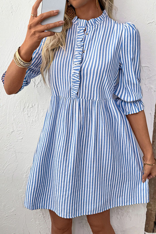 Summer Ruffle Sleeve Striped Shirt Dress