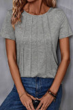 Round Neck Pleated Short Sleeved Solid Color T-Shirt