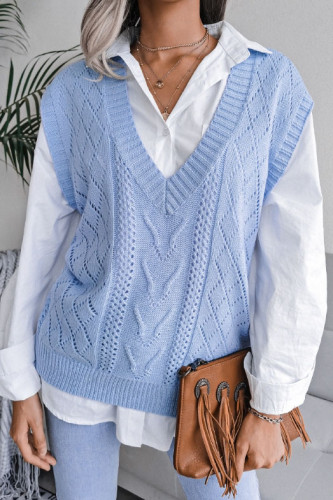 Solid Color Hollow V-Neck Knitted Vest Sweater