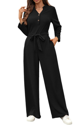 Solid Color High Waisted Long Sleeved Loose Jumpsuit