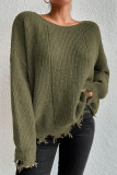 Solid Color Round Neck Ripped Loose Sweater