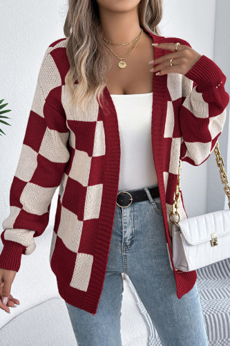 Checkered Printed Lantern Long Sleeved Cardigan