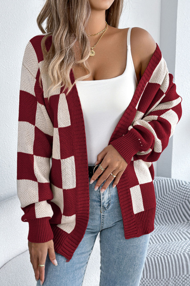Checkered Printed Lantern Long Sleeved Cardigan
