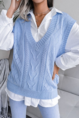 Solid Color Hollow V-Neck Knitted Vest Sweater