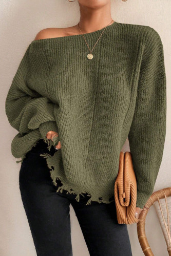 Solid Color Round Neck Ripped Loose Sweater