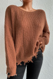 Solid Color Round Neck Ripped Loose Sweater