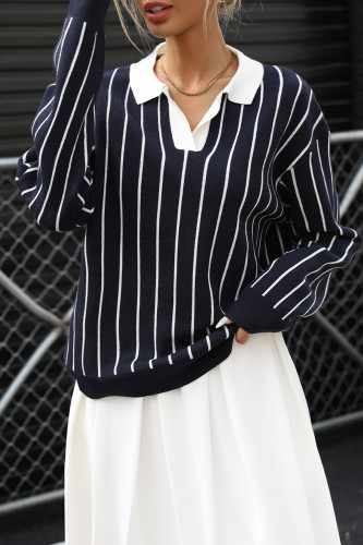 Lapel Striped Long Sleeved Sweater