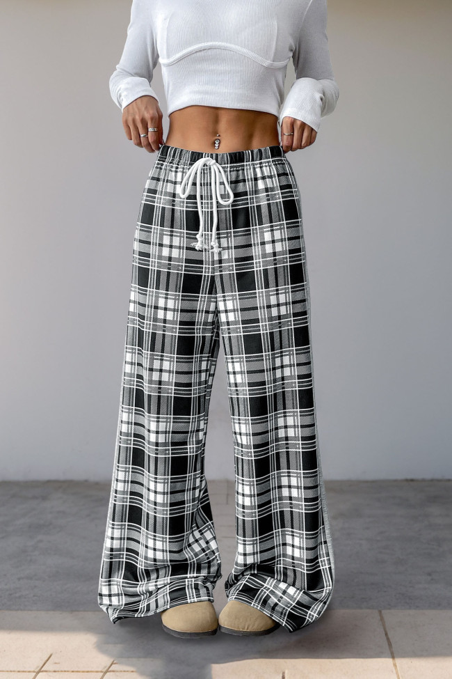 Elastic Waisted Checkered Printed Wide Leg Pants