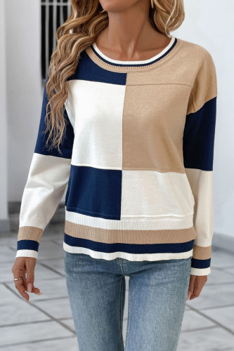 Round Neck Long Sleeved Contrasting Knit Sweater