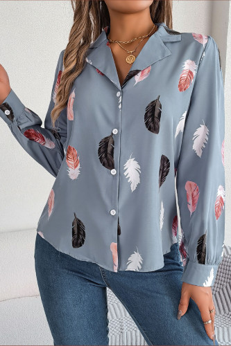 Feather Print Lapel Long Sleeved Shirt