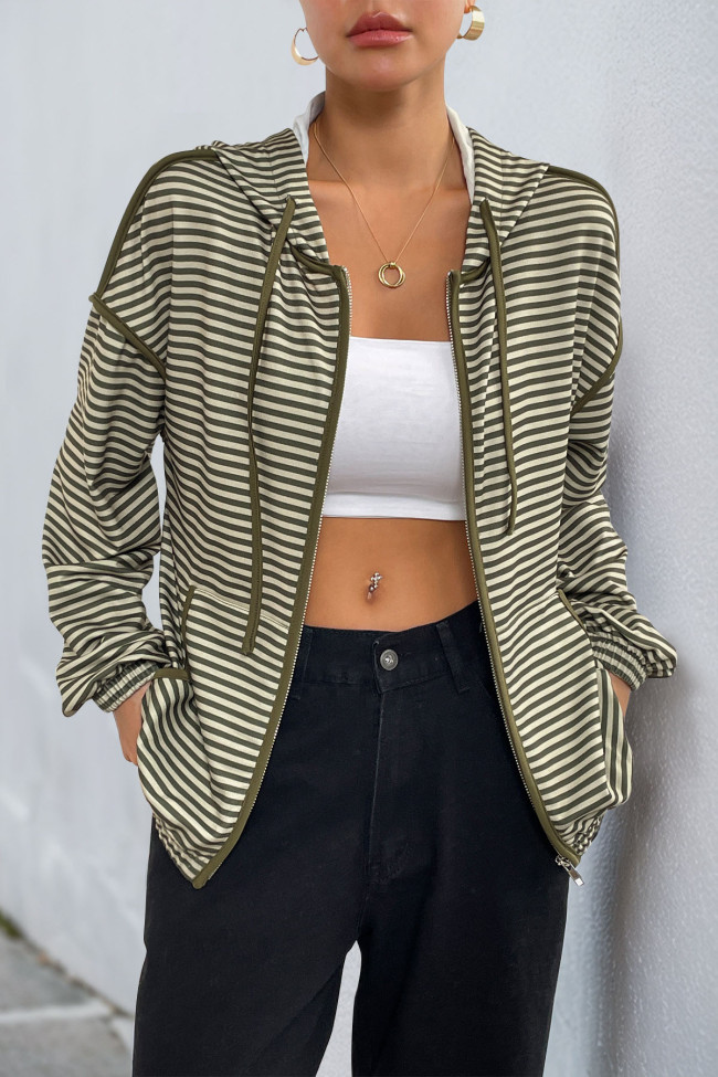 Striped Printed Long Sleeved Hooded Cardigan