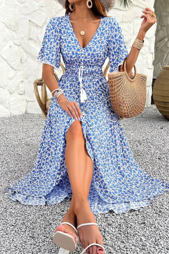 V-Neck High Waisted Printed Short Sleeved Dress