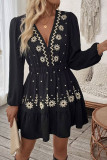 Embroidered Deep V-Neck Long Sleeved Dress