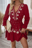Embroidered Deep V-Neck Long Sleeved Dress