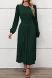 Vintage Long Sleeved Solid Color Pleated Dress