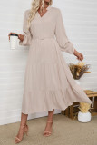 Solid Color Long Sleeved Waistband Waist Cinching Dress