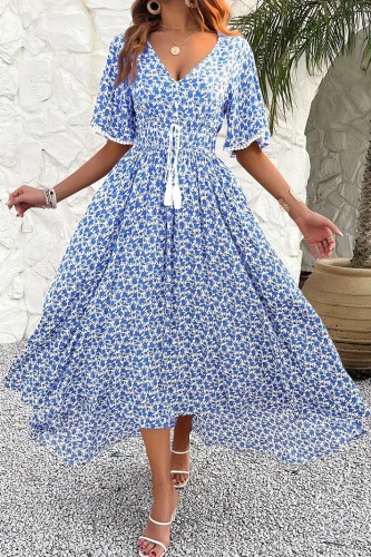 V-Neck High Waisted Printed Short Sleeved Dress
