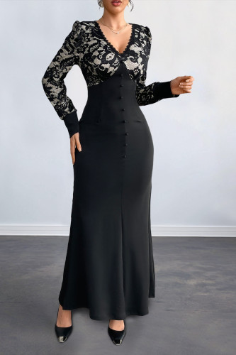 Retro Style V-Neck Lace Long Sleeved Dress
