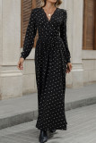 Vintage Lace V-Neck Bow Printed Long Sleeved Dress
