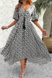 V-Neck High Waisted Printed Short Sleeved Dress