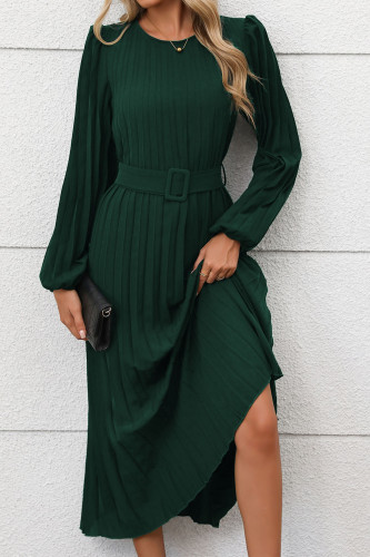 Vintage Long Sleeved Solid Color Pleated Dress