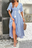 V-Neck High Waisted Printed Short Sleeved Dress
