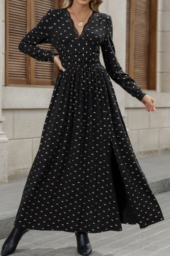 Vintage Lace V-Neck Bow Printed Long Sleeved Dress