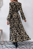 Long Sleeved Printed Waist Cinching Slit Dress