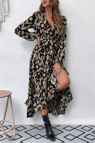 Long Sleeved Printed Waist Cinching Slit Dress