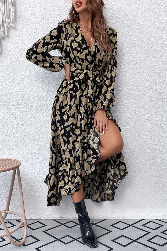 Long Sleeved Printed Waist Cinching Slit Dress