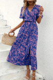 V-Neck Short Sleeved Waist Cinched Slit Dress