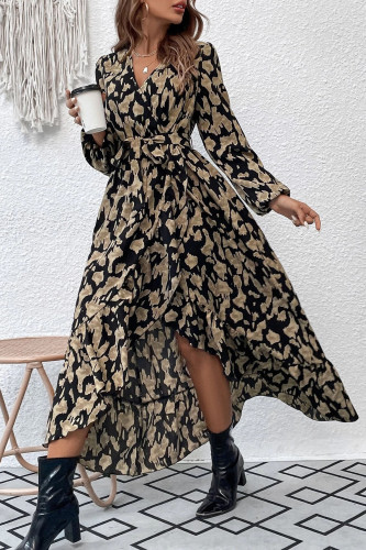 Long Sleeved Printed Waist Cinching Slit Dress