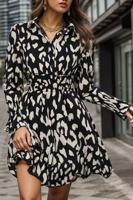 Lapel Long Sleeved Leopard Print Dress